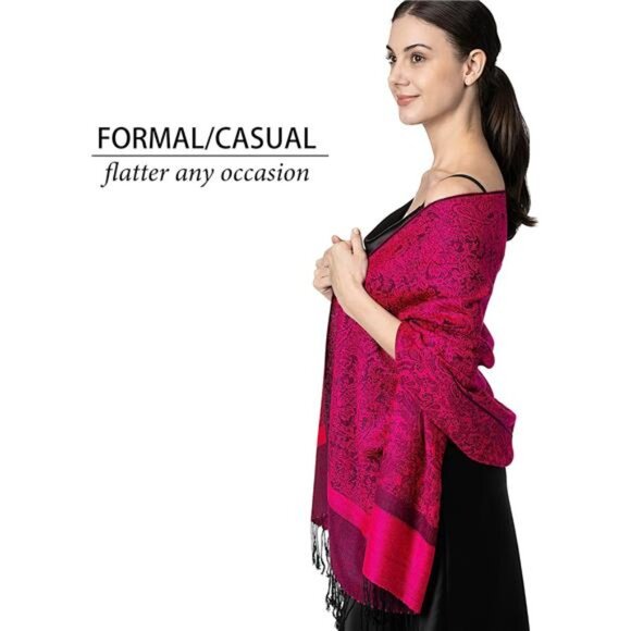 Two Tone Paisley Pashmina Scarf, Rose Pink - Picture 2 of 5